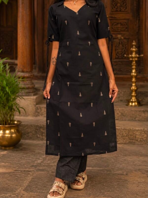 Black handloom cotton co-ord set with woven motifs and tie-up sleeves