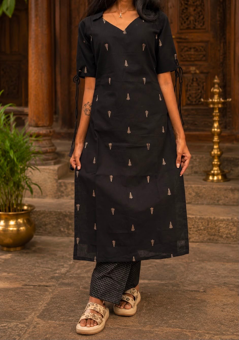 Black handloom cotton co-ord set with woven motifs and tie-up sleeves