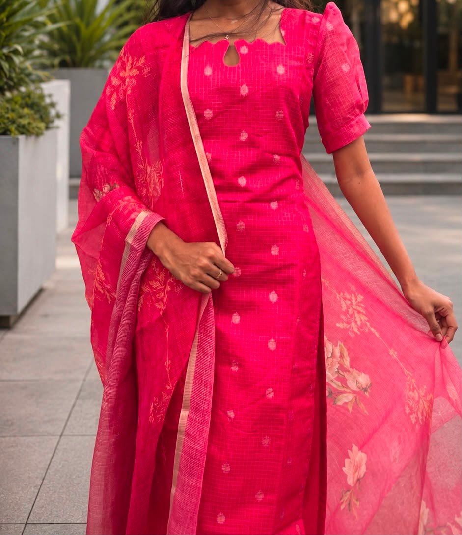 Blush pink premium Kota fabric 3-piece set with coordinated dupatta