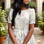Sky blue Kota fabric maxi dress with dark blue floral embroidery