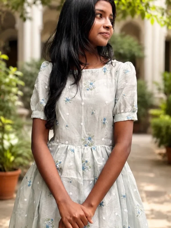 Sky blue Kota fabric maxi dress with dark blue floral embroidery