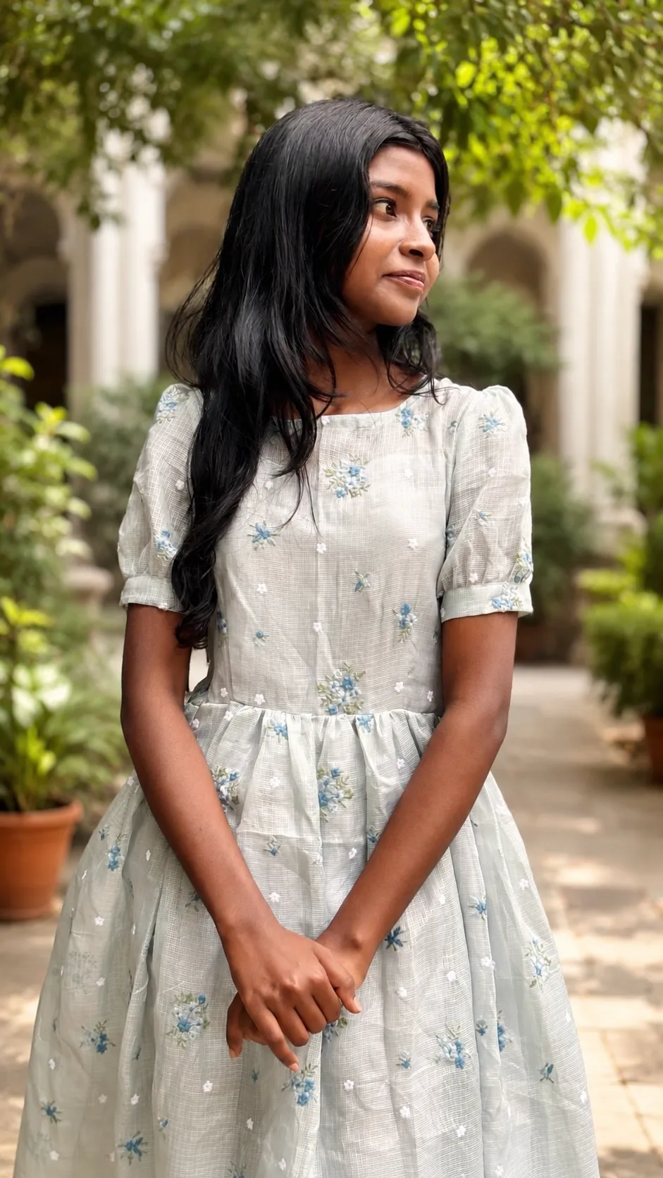 Sky blue Kota fabric maxi dress with dark blue floral embroidery