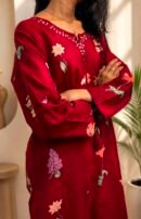 Crimson red floral print co-ord set with tassel neckline detailing