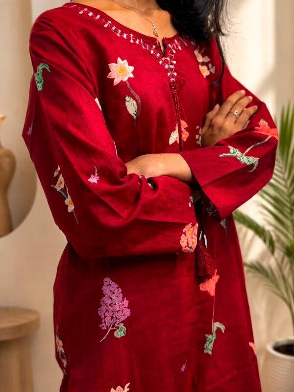 Crimson red floral print co-ord set with tassel neckline detailing
