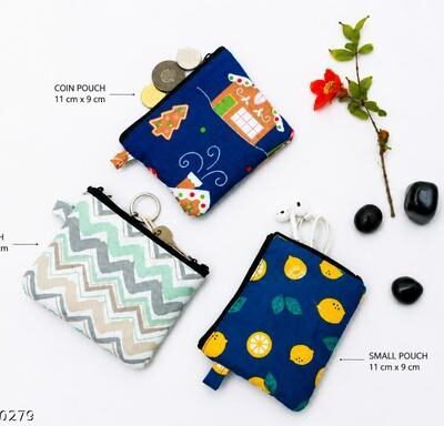 100% Cotton Coin & Key Pouch with Zip Closure | Multipurpose Mini Organizer Pouch,MAkeup Pouch, Cute Print Oxford Cloth Coin Purse Pocket Cosmetic Bag Travel Organizer for Lipstick Jewelry Earphones - Self-Closing  ASSORTED DESIGN 3 PICS SET