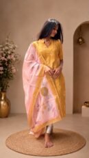 Golden Bloom silk cotton set with scallop neckline and printed dupatta